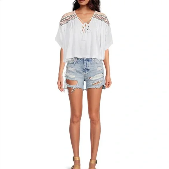 NWT Free People Market Embroidery Trim Tassel Tie V-Neck Dolman Sleeve Tee Med - Picture 4 of 9